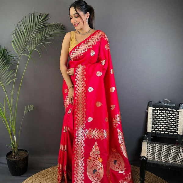 Joban Fashion Banarasi Pink Woven Soft Silk Saree - Distacart