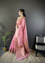 Thumbnail for Joban Fashion Pastel Pink Floral & Paisley  Linen Silk Banarasi Saree - Distacart