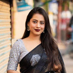 Thumbnail for Black Pure Linen Woven Design Saree with Unstitched Blouse - A2M
