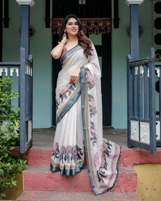 Preksha Creation Off-White Wedding Linen Women Saree