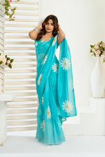 Thumbnail for Vastranavya Sky Blue Digital Printed Linen Ready To Wear Designer Saree with Unstitched Blouse - Distacart