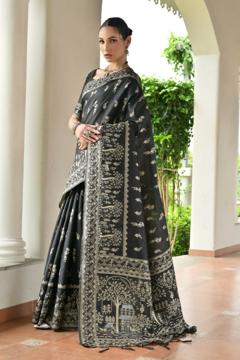 Vishnu Weaves Women's Black Handloom Raw Silk Thread Weaving Saree with Blouse