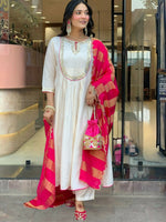 Thumbnail for The52 White Women's Gorgeous Embroidered Work Chanderi Fabric Flared Kurta Pant and Dupatta Set - Distacart