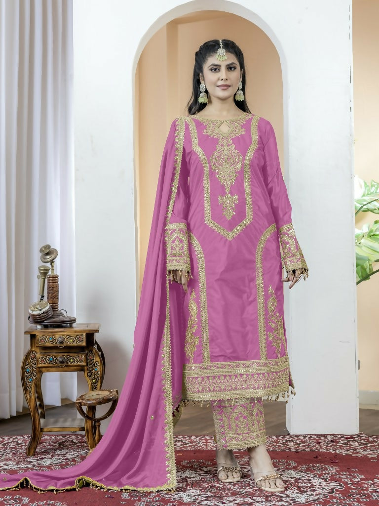 Teeya Creation Baby Pink Color Chinnon Silk Embroidery Work Fully Stitched Salwar Suit