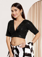 Thumbnail for Joban Fashion Black Sequin Padded Blouse With V Neck Elbow Sleeves - Distacart