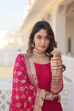 Thumbnail for Jyoti Fashion Women's Rani Pink Faux Blooming Sequins Zari Embroidered Anarkali Dress with Dupatta - Distacart