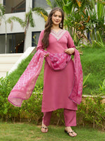Thumbnail for The52 Gajri Women's Beautiful Embroidered Rayon Fabric with Straight Kurta, Pant and Dupatta Set - Distacart