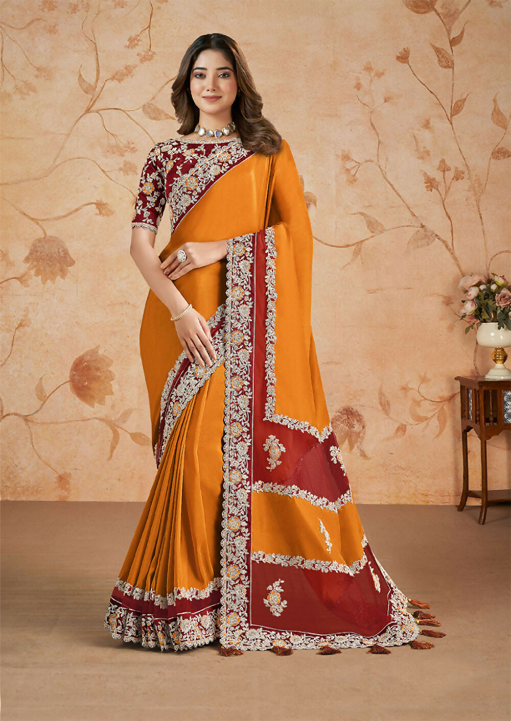 Orange Silk Georgette Floral Embroidery Saree with Heavy Embroidery Border Saree - Mohmanthan Dakshika - Distacart