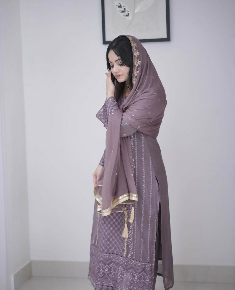 Divine Drape Women's Georgette Embroidered Straight Kurta Pant With Dupatta - Purple