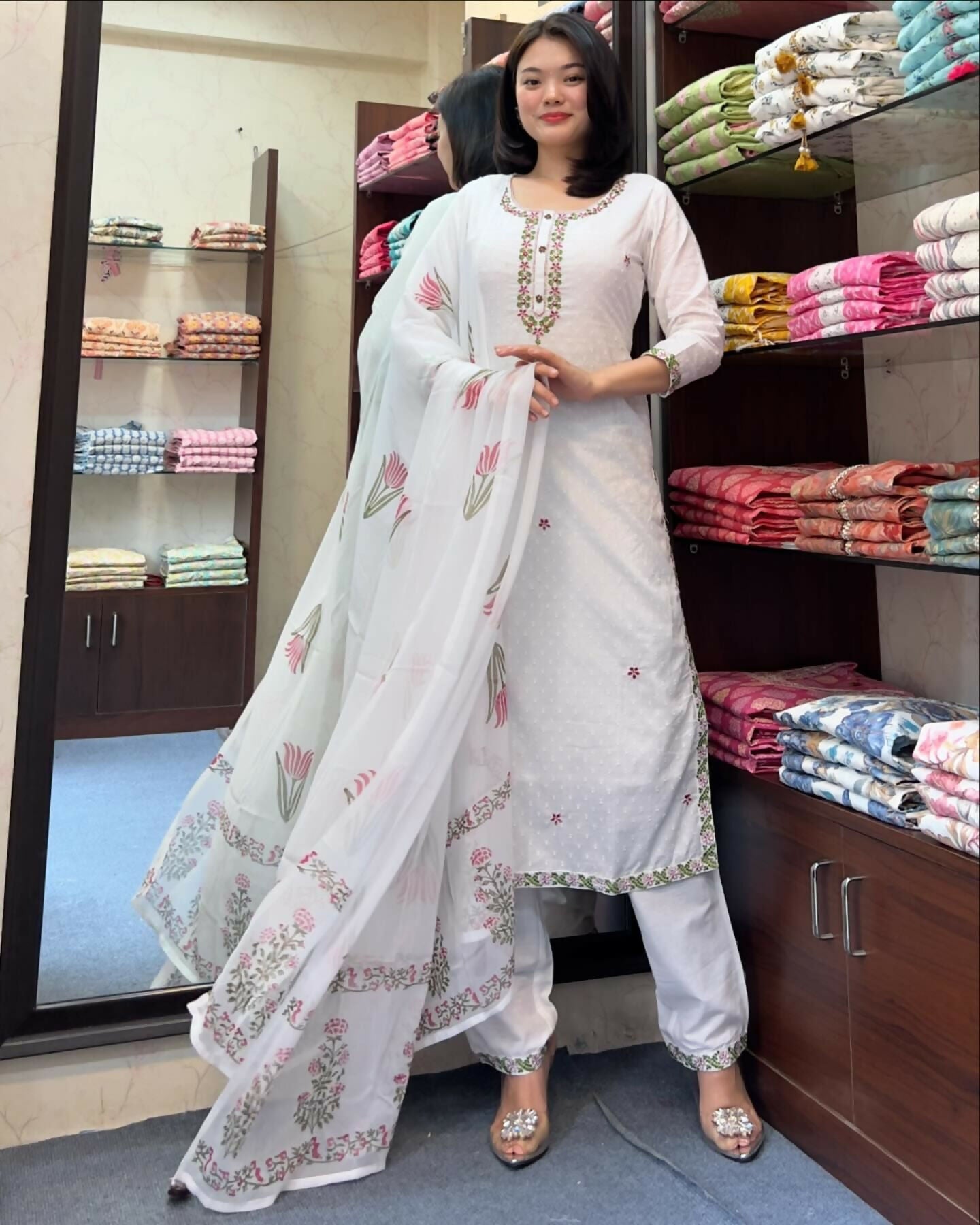 The52 White Women's Gorgeous Georgette Butti Fabric Embroidered Work Straight Kurta Pant and Dupatta Set