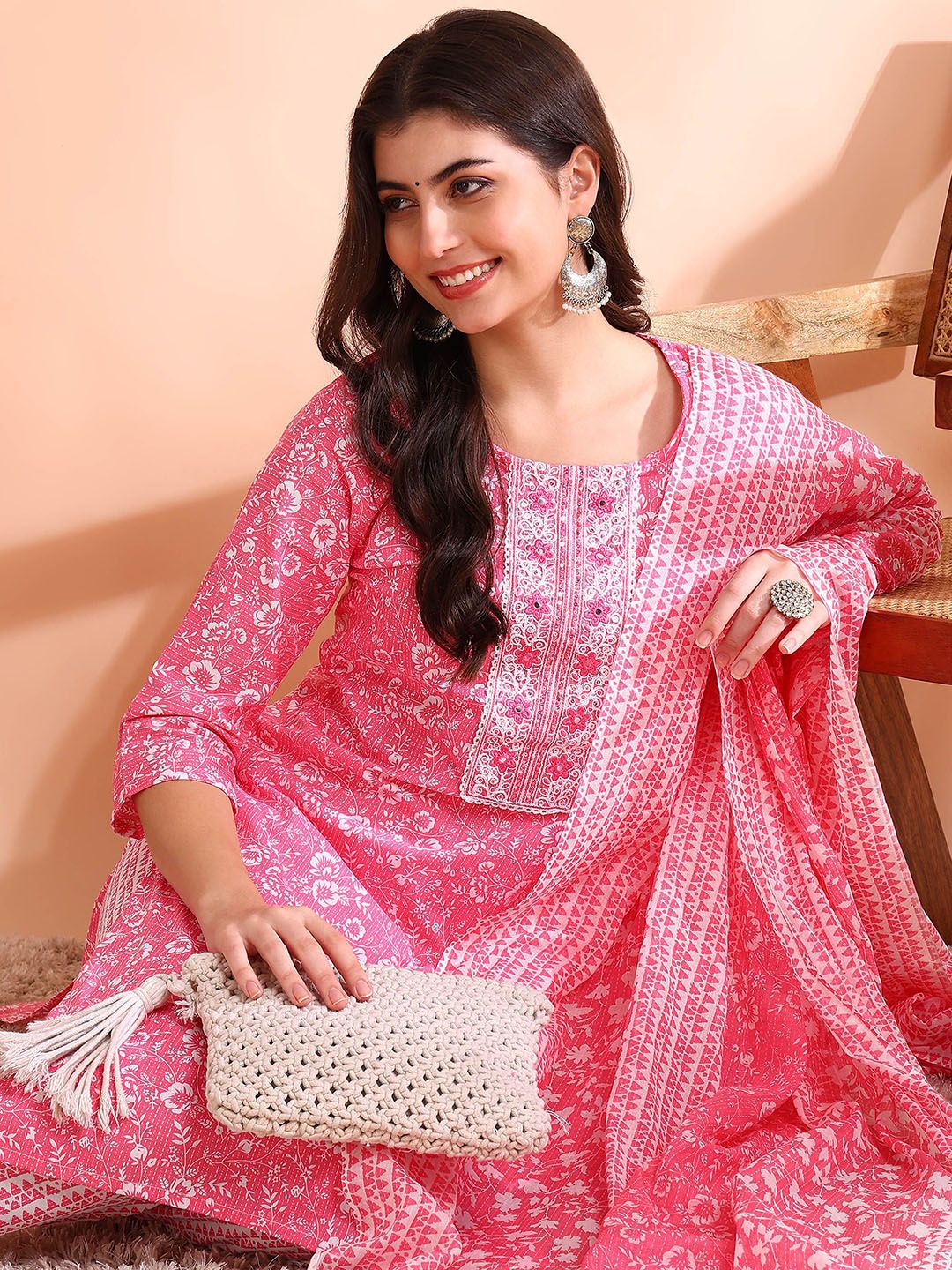Ode by House of Pataudi Thread Work Pure Cotton Straight Kurta with Trousers & Dupatta - Distacart