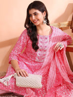 Thumbnail for Ode by House of Pataudi Thread Work Pure Cotton Straight Kurta with Trousers & Dupatta - Distacart