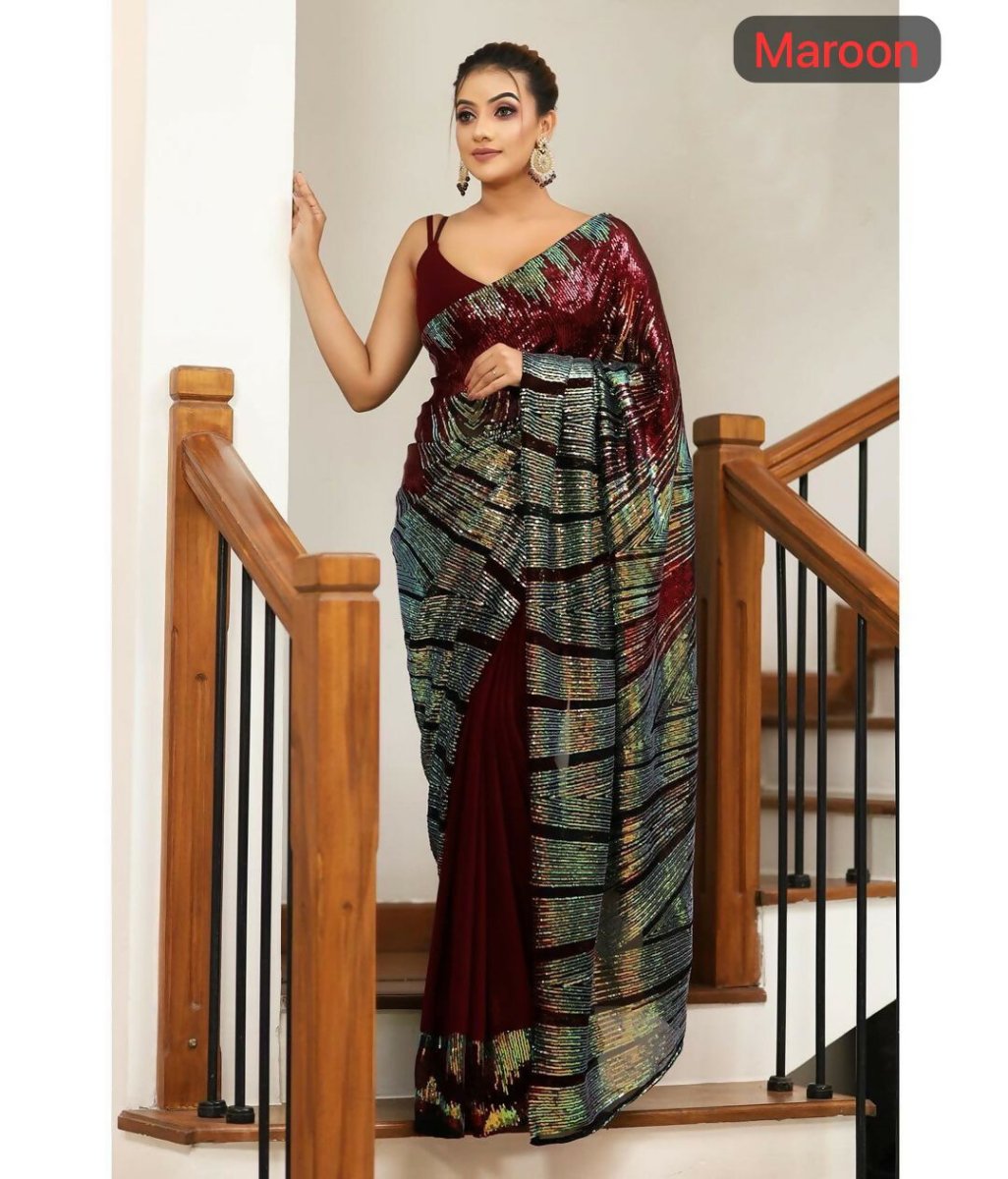 Arfa Fashion House Maroon Georgette Sequince Saree - Distacart