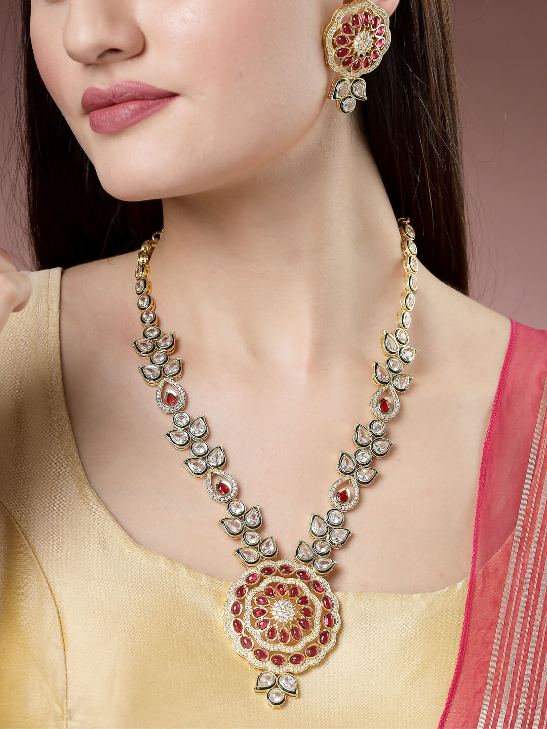 NVR Women's Red & Gold Kundan Studded Handcrafted Jewellery Set - Distacart