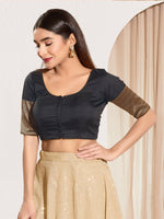 Thumbnail for Joban Fashion Black Taffeta Silk Padded Blouse With Round Neck Elbow Sleeves - Distacart