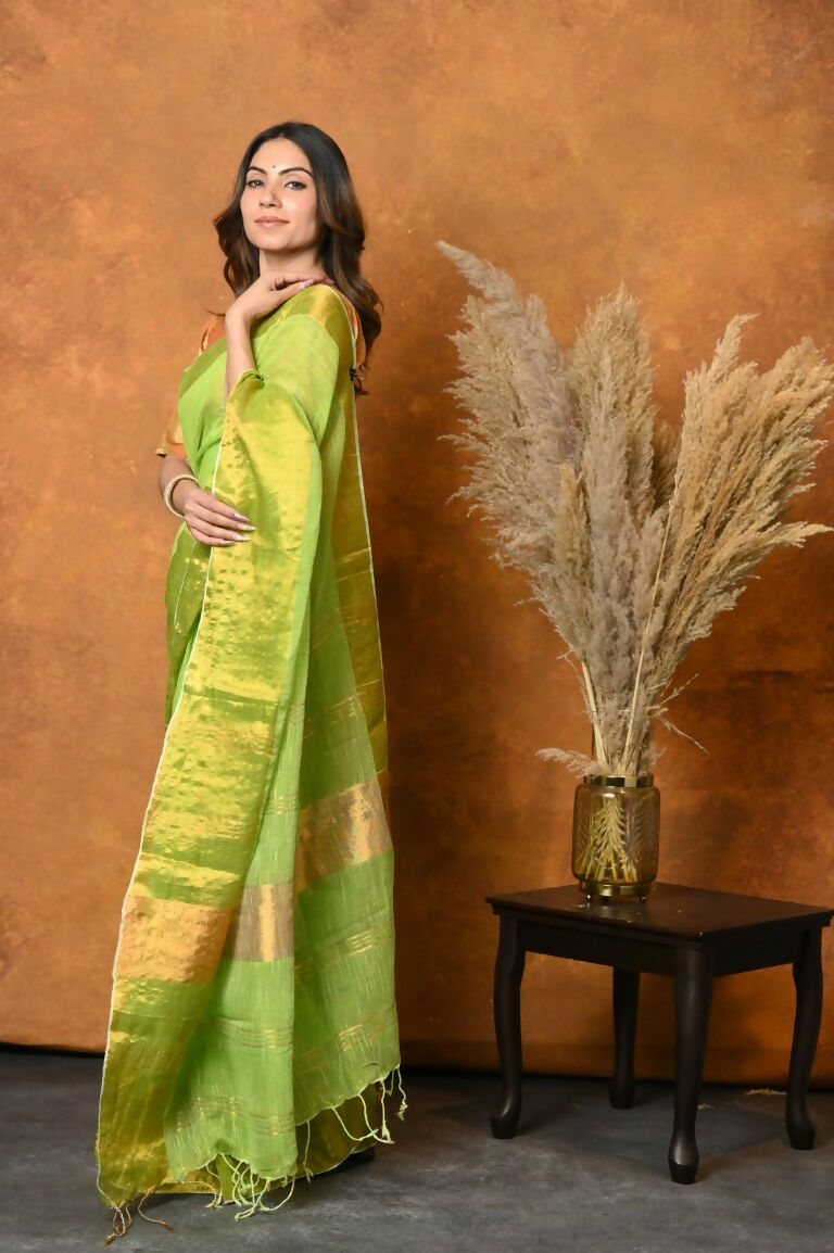Very Much Indian Handloom Pure Cotton Linen Saree With Golden Border - Light Green - Distacart