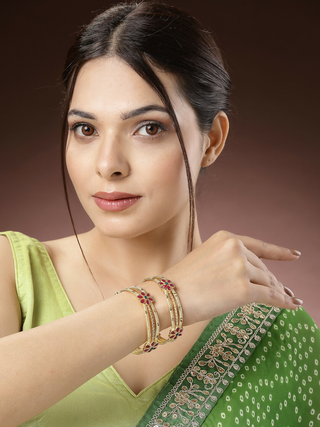 NVR Women's Set of 2 Gold-Plated Artificial Stones Handcrafted Traditional Bangles - Distacart