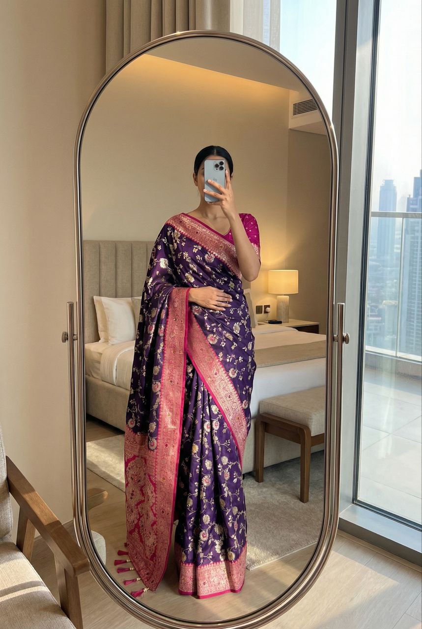 Mameraa Sarees Purple Soft Silk Blend Saree With Zari Weaving Meenakari Design-Purple - Dista