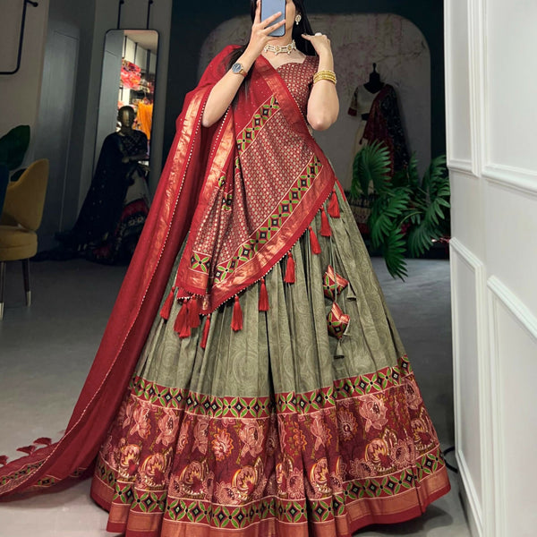 Vastranavya Floral Print With Foil Print Tussar Silk Lehenga with Unstitched Blouse - Mehendi - Distacart