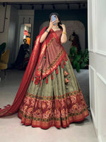 Thumbnail for Vastranavya Floral Print With Foil Print Tussar Silk Lehenga with Unstitched Blouse - Mehendi - Distacart