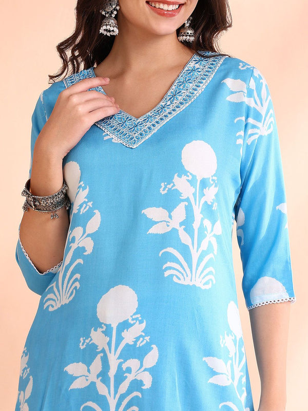 Ode by House of Pataudi Printed Thread Work Pure Cotton Kurta With Trousers & Dupatta - Distacart