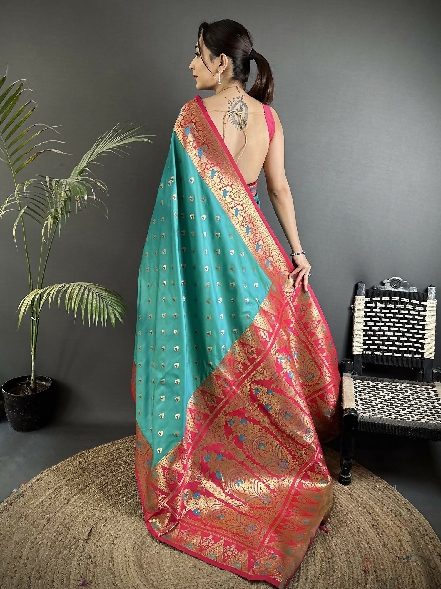 Joban Fashion Teal Blue Intricate Motifs Soft Silk Banarasi Saree - Dista