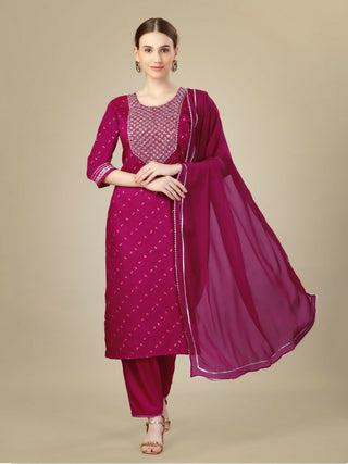 Jyoti Fashion Women's Rani Pink Silk Blend Embroidery & Sequence work Kurta with Trouser & Dupatta - Distacart