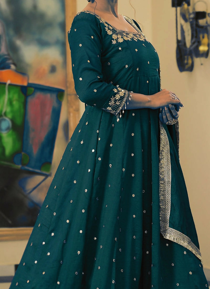 Teeya Creation Teal Color Pure Vichitra Silk Embroidery Work Party Wear Gown