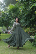 Thumbnail for Jyoti Fashion Women's Mehendi Sequins Zari Embroidered Faux Georgette Anarkali Dress - Distacart