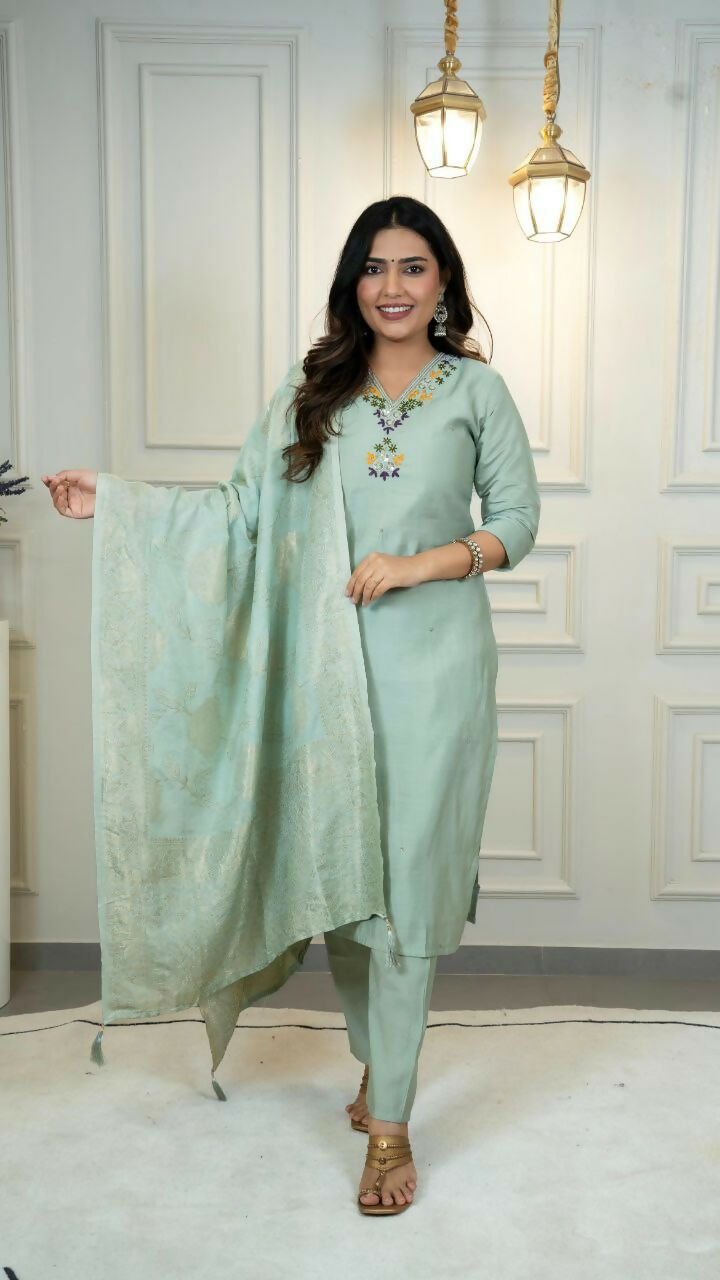 Preksha Creation Premium C Green Roman Silk Hand Work Kurti Pant Dupatta Set