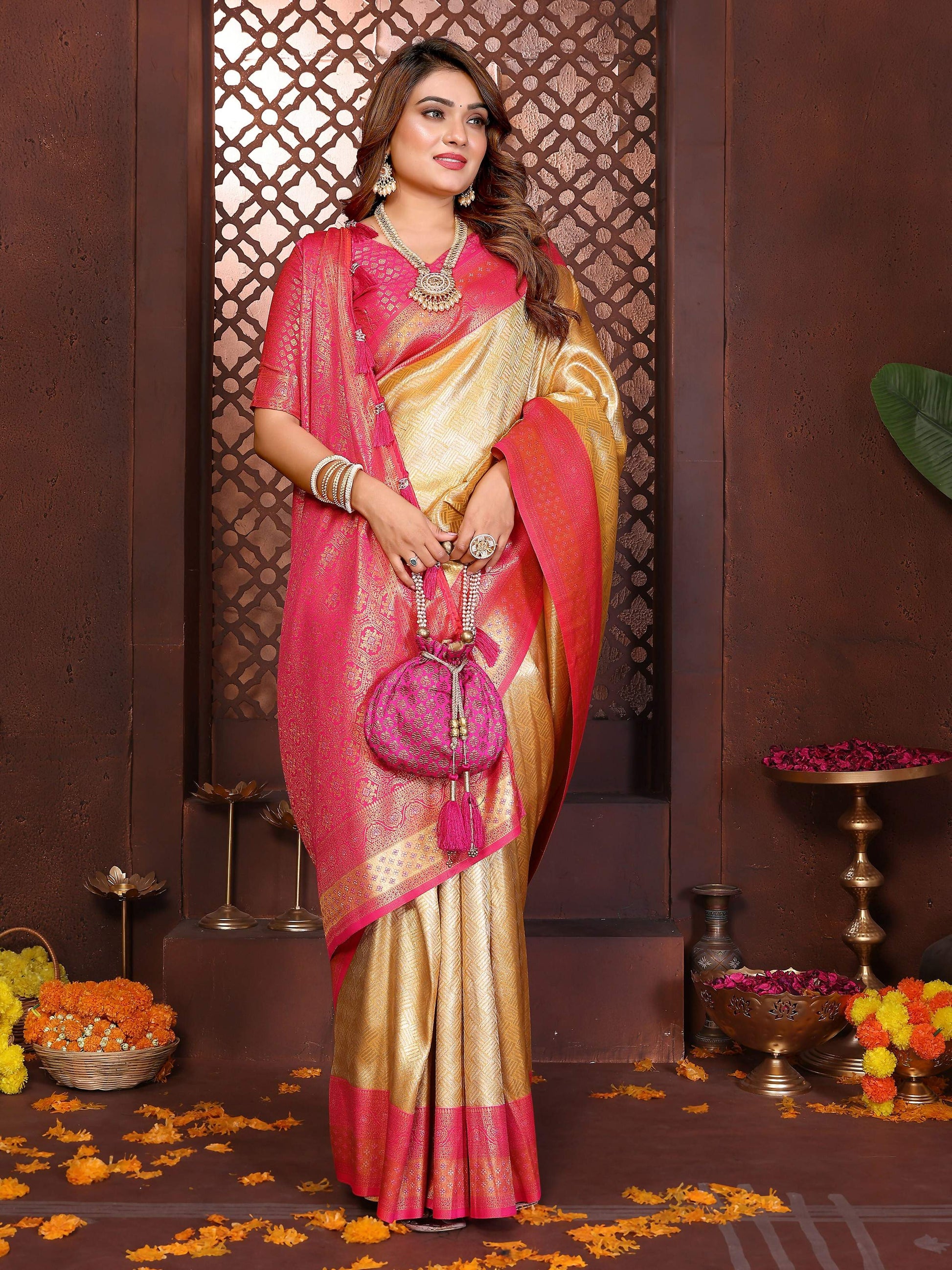 Aastha Fashion Cream Tissue Silk Woven Saree - Distacart