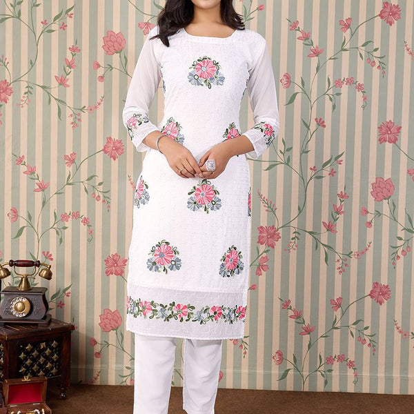 Ode by House of Pataudi Floral Embroidered Thread Work Floral Georgette Straight Kurta - Distacart