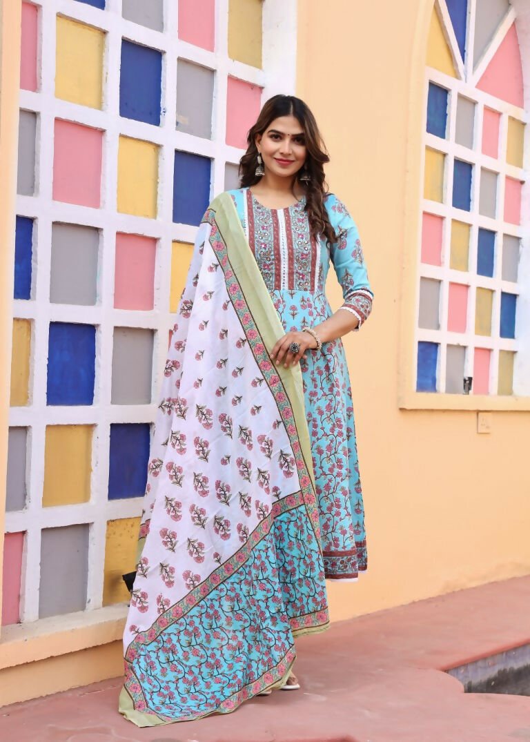 Alvano Printed Anarkali Kurti with Pant and Dupatta Set for Women's and Girls Rayon - Distacart