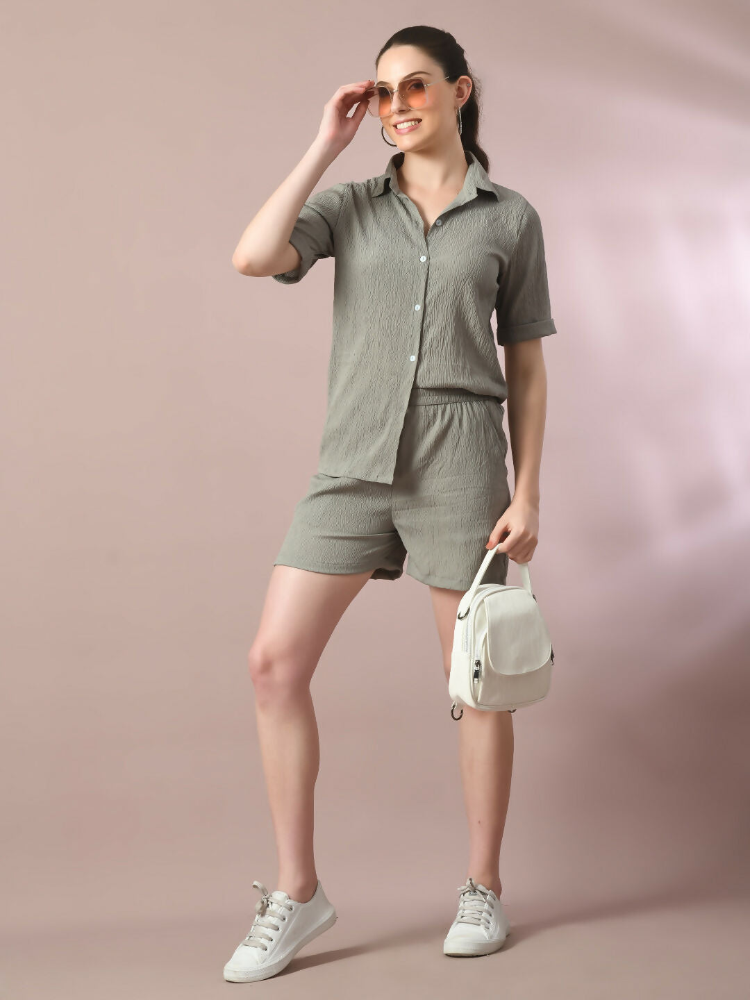 Myshka Women's Grey Solid Shirt Collar Party Shirt With Shorts Co-ord set - Distacart