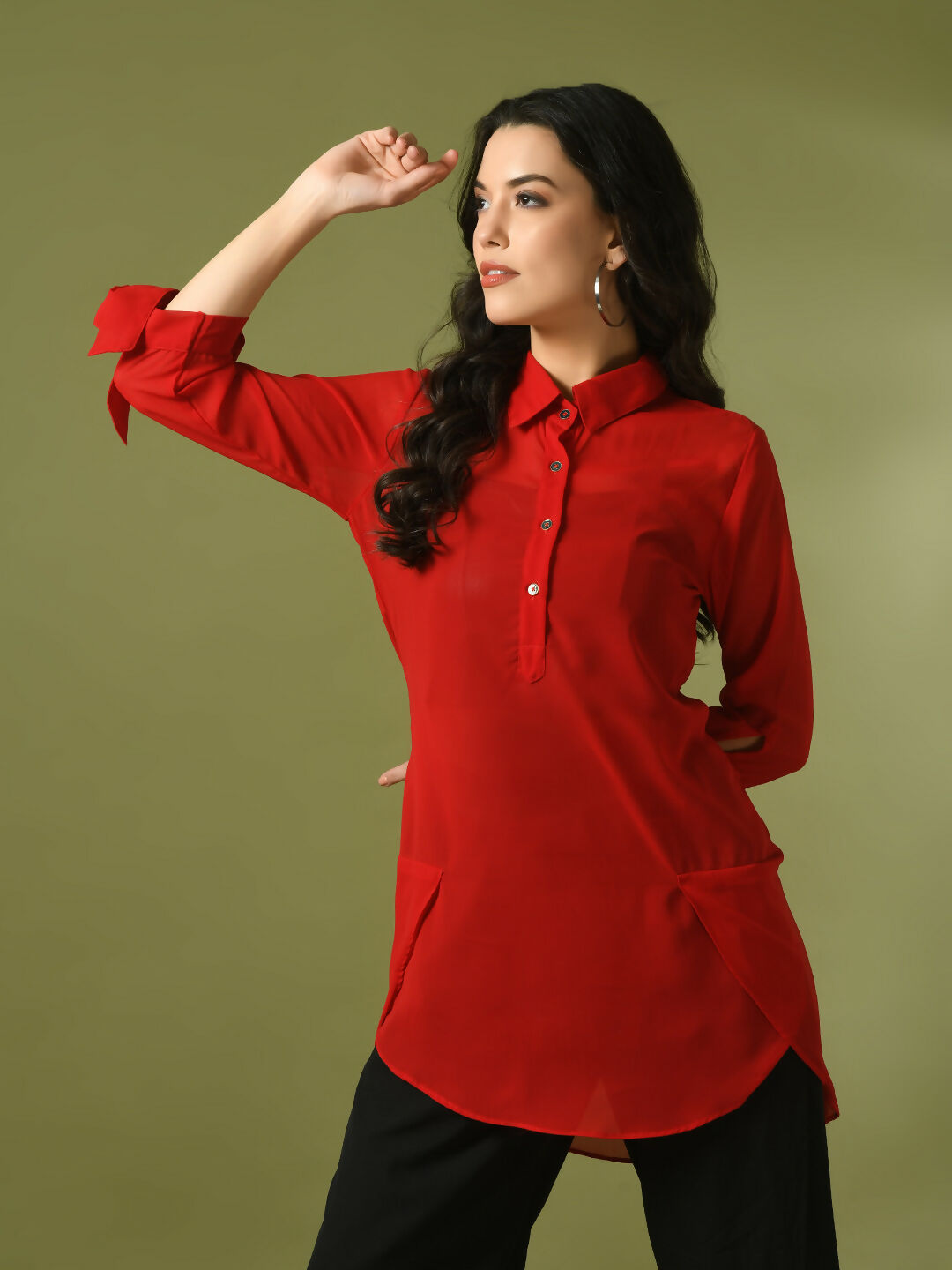 Myshka Women's Red Solid Georgette Longline Party Sheer Tunic - Distacart