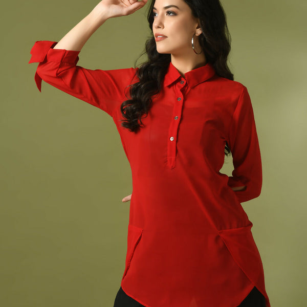 Myshka Women's Red Solid Georgette Longline Party Sheer Tunic - Distacart