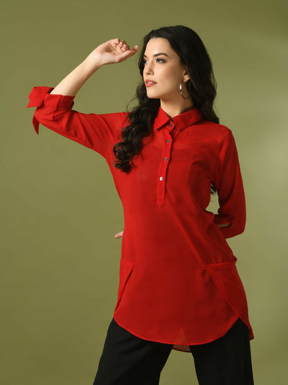 Myshka Women's Red Solid Georgette Longline Party Sheer Tunic - Distacart