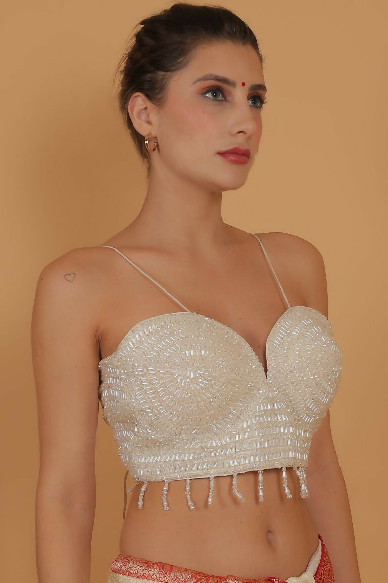 Joban Fashion Silk Pearl And Beads Hand Embroidery Padded Blouse - Pearl White