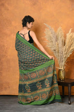 Thumbnail for Very Much Indian Handblock Printed Cotton Saree With Natural Dyes - Green - Distacart