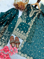 Thumbnail for Teeya Creation Teal Pure Silk Gimmy Silk Heavy Embroidery Work Wedding Wear Palazzo Pair - Distacart