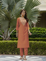 Thumbnail for The52 Orange Women's Gorgeous Embroidered Rayon Fabric with Straight Kurta, Pant and Dupatta Set - Distacart