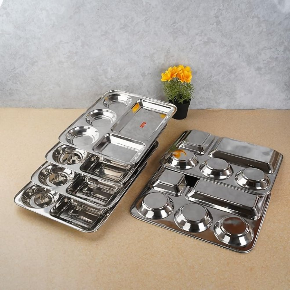 Sumeet Stainless Steel Rectangular 5 in 1 Compartment Lunch/Dinner Plate - small - Dista