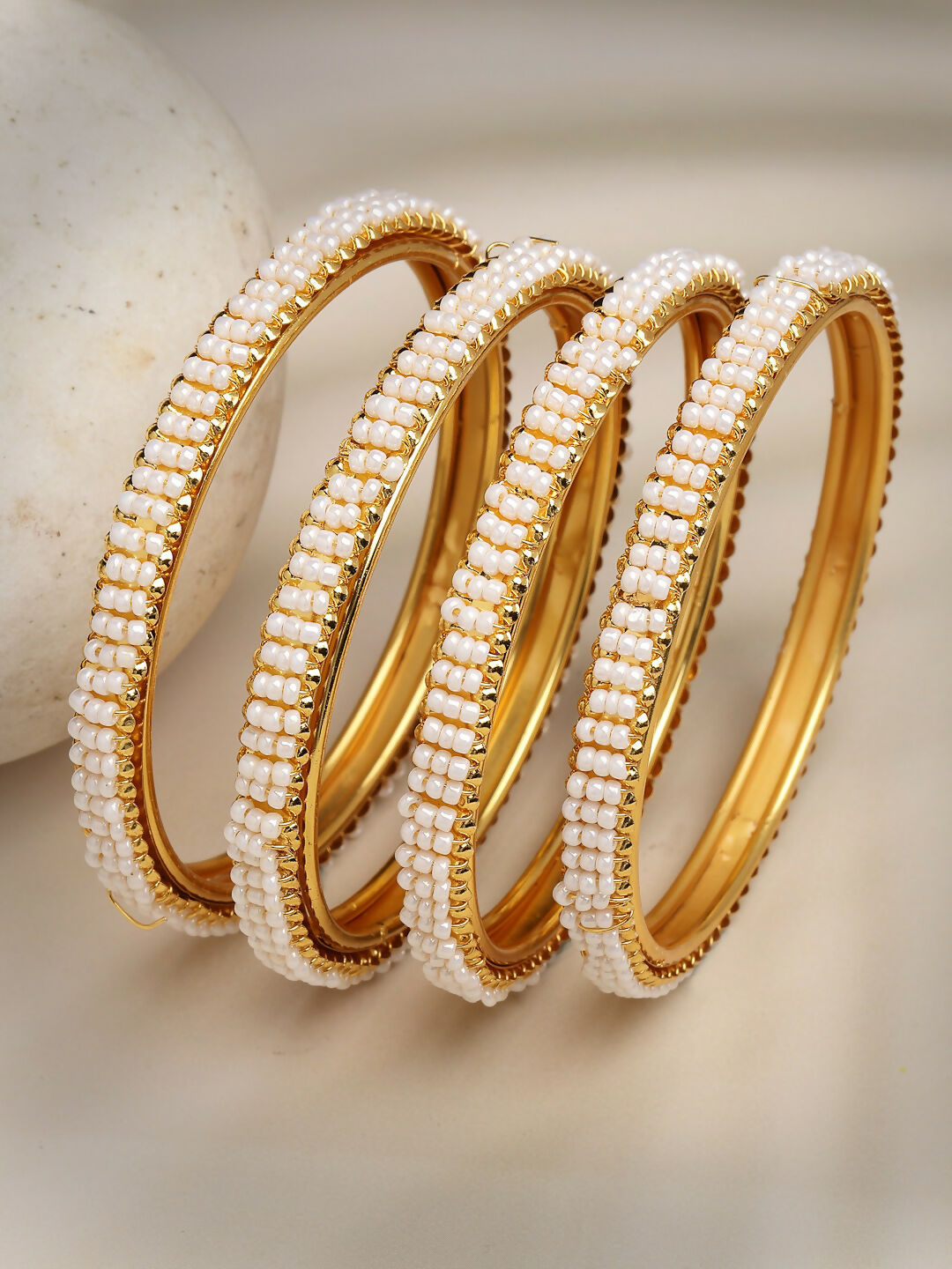 NVR Women's Set of 4 Gold-Plated Pearl Handcrafted Traditional Bangles - Distacart