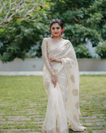 Thumbnail for White Pure Linen Woven Design Saree with Unstitched Blouse - Hiral Fashion - Distacart