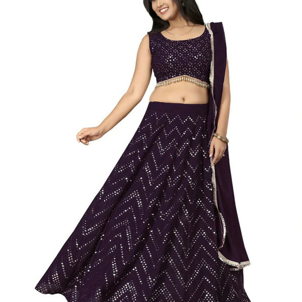 Jyoti Fashion Wine Thread with Sequence Embroidery Faux Georgette Lehenga Choli with Dupatta - Distacart