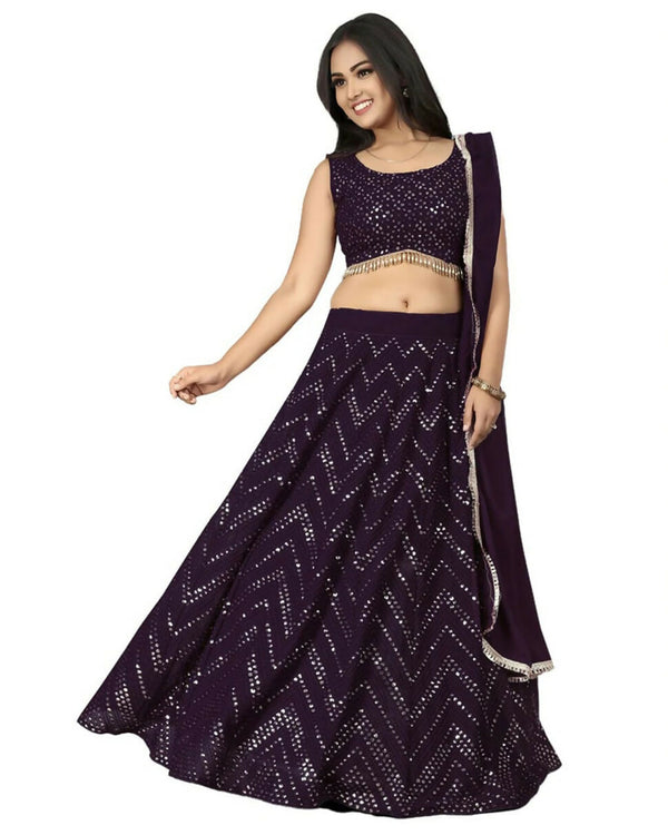 Jyoti Fashion Wine Thread with Sequence Embroidery Faux Georgette Lehenga Choli with Dupatta - Distacart