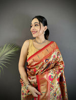 Thumbnail for Joban Fashion Crimson Red Intricate Floral & Leaf Soft Silk Paithani Saree - Distacart