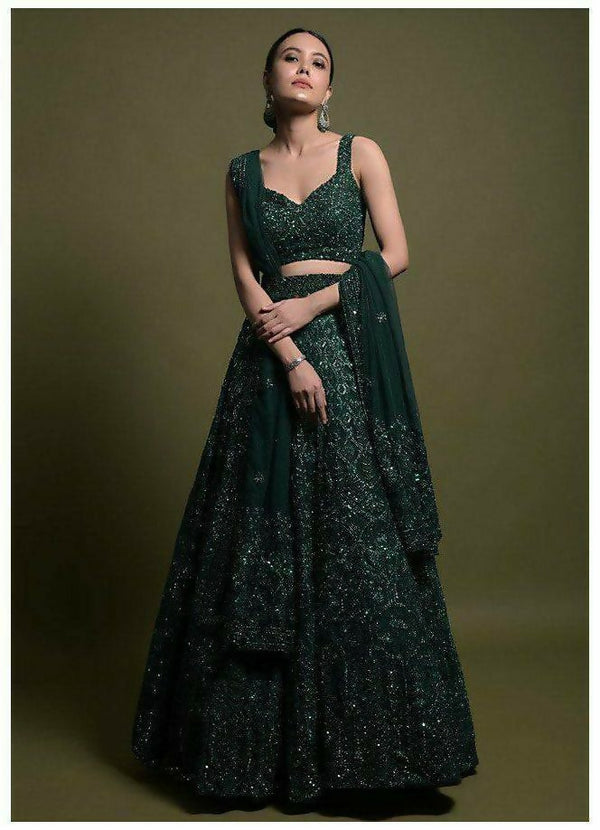 Jyoti Fashion Women's Dark Green Net Sequins with Dori & Thread Embroidered Designer Lehenga Choli Set - Distacart