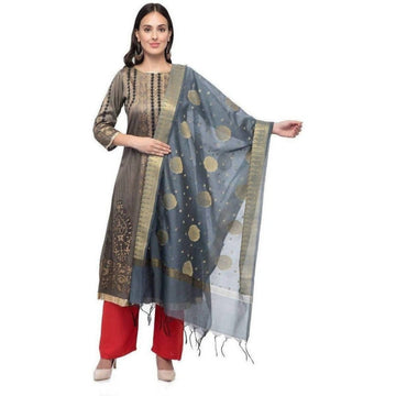 A R Silk Women's Vanarsi Silk Zari Embroidery Grey Fancy Dupatta