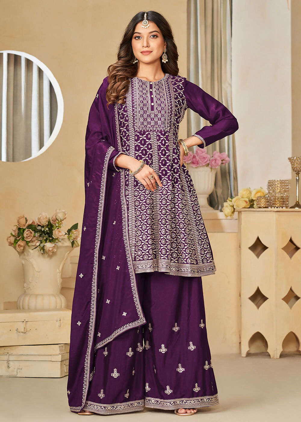 Chinnon Purple Embroidered Palazzo Salwar Suit - Emponline - Distacart